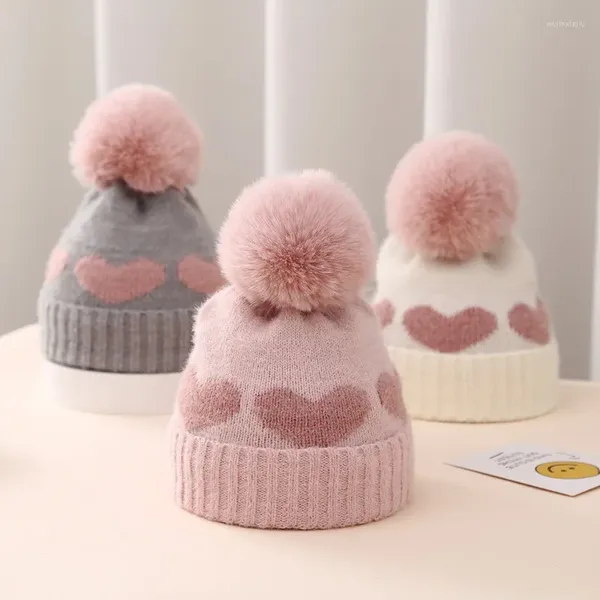 Sombreros 2023 Gorro de invierno para bebé con pompón engrosado Jacquard Love Elástico Gorros de punto suaves para niños pequeños de 0 a 12 meses