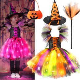 Hoeden 2024 Halloween Girls Witch Cosplay Cosplay Kostuum Carnival Party Led Light Vampire verkleed Luminous Stage Performance Tutu Dress Broom