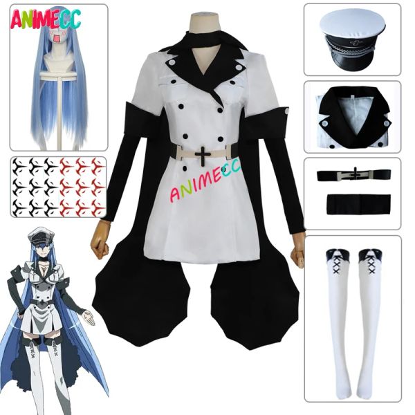 Sombreros ANIMECC Esdeath Cosplay Akame Ga KILL Disfraz de Cosplay con Sombrero Calcetines Peluca Tatuaje de Agua Trajes de Fiesta de Halloween para Mujeres Conjunto Completo