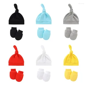 Chapeaux pour bébé, gants anti-rayures, ensemble de chapeaux noués, mitaines de naissance, Kit de bonnet chaud, cadeaux de douche pour nourrissons