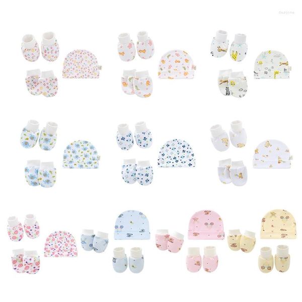 Chapeaux bébé dessin animé gants anti-rayures chapeau couvre-pieds ensemble garde-mains coton mitaines bonnet casquette chaussettes Kit pour bébé né