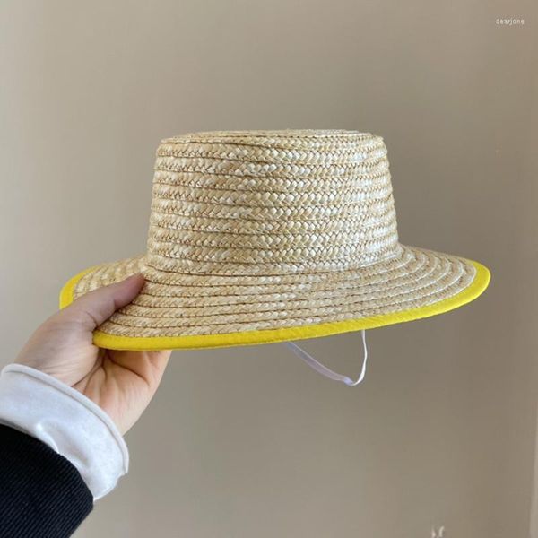 Sombreros Bebé Verano Coreano Sombrero Occidental Color fluorescente Tela Casual Niñas Paja Protector solar Parte superior plana