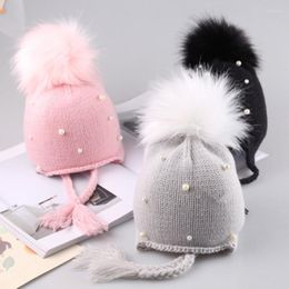 Chapeaux pour bébés garçons et filles, mignon, boule de cheveux en perles, écouteurs au Crochet, bonnet tricoté chaud d'hiver, cadeau