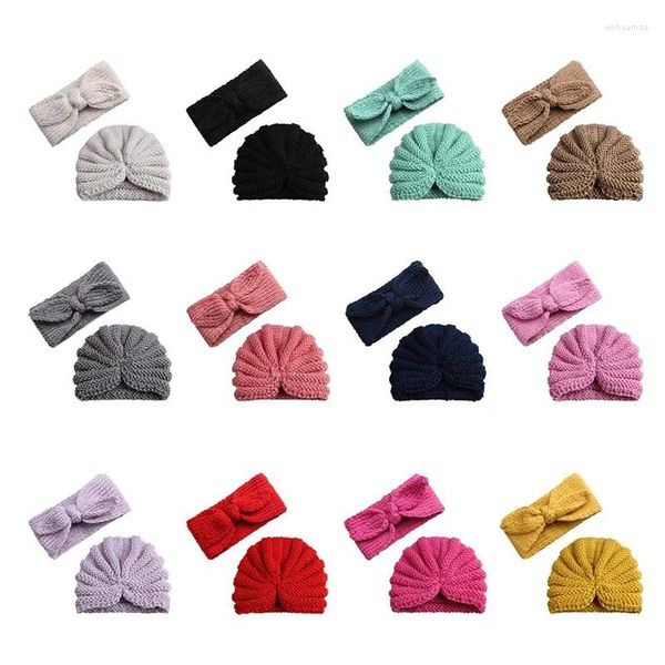 Chapeaux nés enfants laine oreille coton chapeau bébé filles garçons tricoté Turban casquette bandeau noeud tête enveloppement cadeaux 2 pièces ensembles