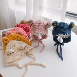 Sombreros Gorras Bebé Plus Gorro de punto de lana Otoño e invierno Lindo Rana para niños Niños Niñas Orejeras forradas de felpa a prueba de viento