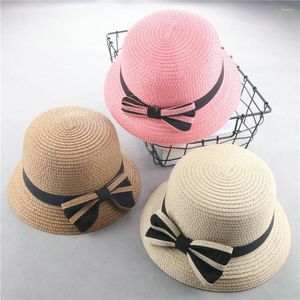 Chapeaux enfant filles chapeau de paille nœud papillon soleil enfants bébé grand bord plage été papillon arc plaisancier rond plat Casquette