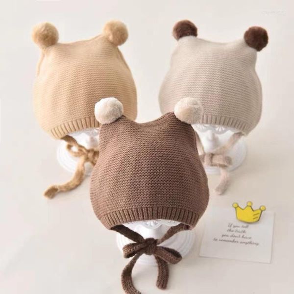 Chapeaux tricotés pour enfants, chapeau en Crochet ours mignon, garçons et filles, pompon chaud et doux, bonnet pour bébé, casquettes de Protection des oreilles