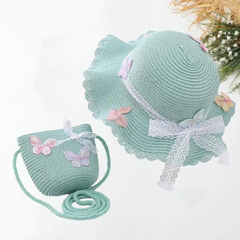 Hattar barn halm sol hatt spets flickor väska set prinsessan stil dekorativ chic krullad kant strand