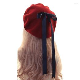 Chapeaux mignon fait à la main dentelle arc chapeau hiver japonais Lolita peintre Kawaii Preppy Style fille laine béret doux femme