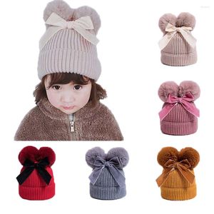 Chapeaux mode bébé hiver chaud tricot chapeau infantile enfant en bas âge enfant Crochet fourrure boule de poils bonnet filles arc mignon 6 mois-3 ans