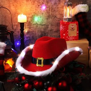 Hoeden mode kerstmis cowboy hoeden geleid lumineuze rood fluweel en witte veer Santa hoed vrouwen meisjes cosplay tiara nieuwjaar feestdecor