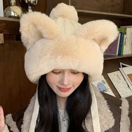 Chapeaux femme hiver mignon petit ours chat en peluche chapeau de laine épaissi tricoté chaleur et Protection des oreilles en peluche chapeau de laine dessin animé 240127