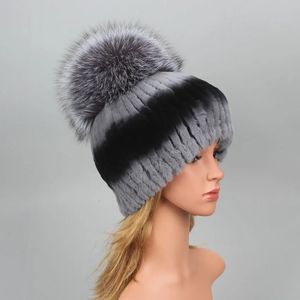 Chapeaux pour femmes réel Rex lapin fourrure casquette pompon tricoté chaud élastique à la mode moelleux épais extérieur véritable naturel fourrure chapeau 240127