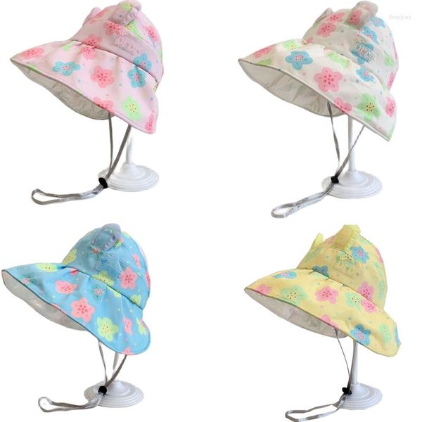 Chapeaux filles été chapeau de protection solaire à grand bord fleur colorée colle argentée Protection UV haut vide parasol extérieur pour enfants