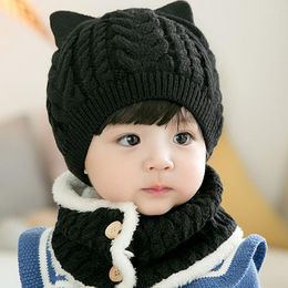 Sombreros Infantiles Sombrero para niños Otoño e invierno 0-2 años Bebé de punto Twist Kitten Bufanda Conjunto