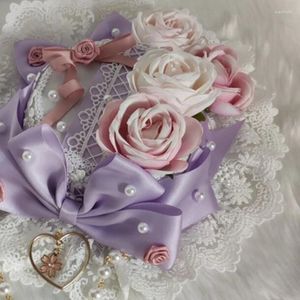 Chapeaux japonais en dentelle douce, chapeau haut-de-forme, nœud perlé, fleur Rose, Bonnet plat, Vintage, Steampunk, fête de thé, Cosplay, cheveux