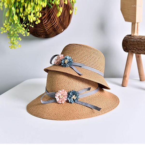 Sombreros Jinsen Aite Kids Straw Sombrero ancho Flores Flojas Flores Baby Girl Beach Plegado Padre-Hojo Bow Travel Women JS771