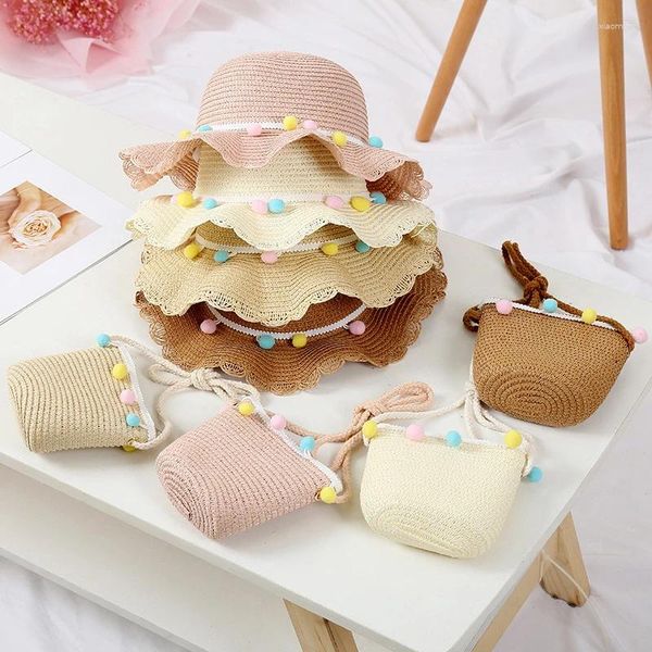 Chapeaux pour enfants filles, chapeau de paille à Large bord, Protection solaire, sac de plage, Pom Ball coloré, capuchon de seau, sac à main Portable souple d'été