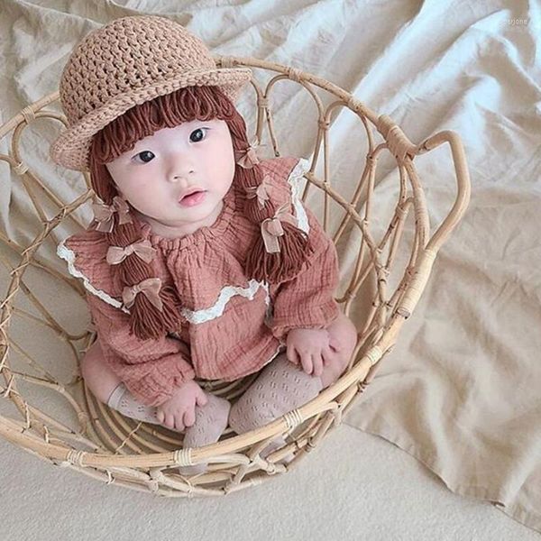 Chapeaux Style coréen enfants bébé fille chapeau cheveux longs tresse perruque casquette arc princesse hiver chaud tricoté Patchwork enfants filles et casquettes