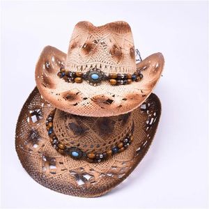 Chapeaux mascules d'été féminin classique cowboy western paille de paille raffina hollow cowboy hat avec corde punk femmes western largeur curling brim capot