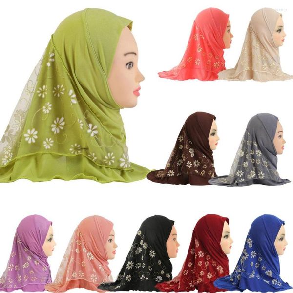 Chapeaux Musulman Petit Bébé Filles Hijab Avec Net Fleur Élastique Solide Underscarf Islamique ChapeauxTurban Caps Headwrap Bonnet Écharpe Châle 2-6Y