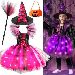 Sombreros Nuevo Fiesta de Carnaval de Halloween Disfraz de Bruja para Niñas Luces LED Luminosas Vestido de Tutú de Tul Mascarada Vampiro Diablo Winifred Vestir