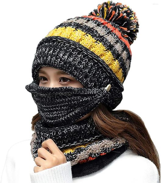 Ensembles de chapeaux, écharpes, gants 3 pièces/ensemble pour femmes et filles, bonnet en tricot, écharpe, masque, ensemble doux et chaud, doublé en polaire, chapeau de Ski d'hiver avec pompon épais coupe-vent