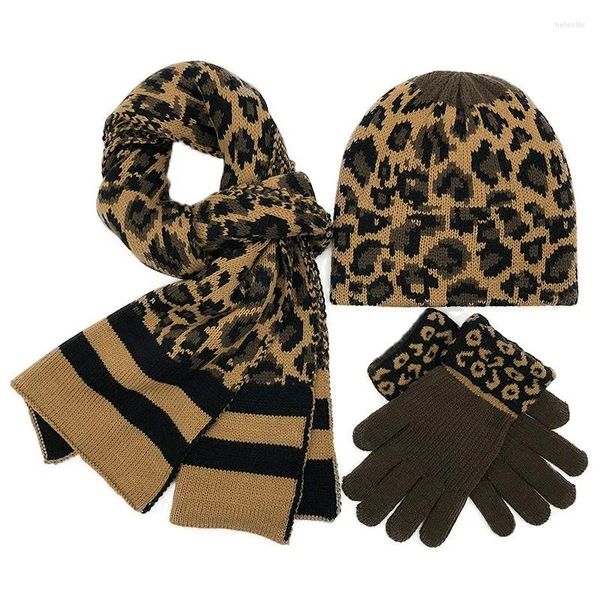 Sombreros Bufandas Conjuntos de guantes Otoño Invierno Gorro con estampado de leopardo Conjunto de bufanda Cómodo Gorro holgado de esquí suave para mujer Gorro cálido con calavera 3 piezas / conjuntos