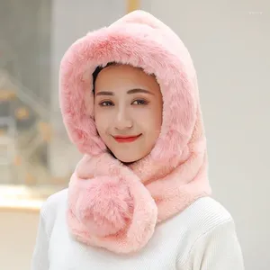 Chapeaux écharpes gants ensembles chapeau en peluche femme automne hiver Protection des oreilles écharpe chaude une fille belle femme Lmitation fourrure corail velours rose