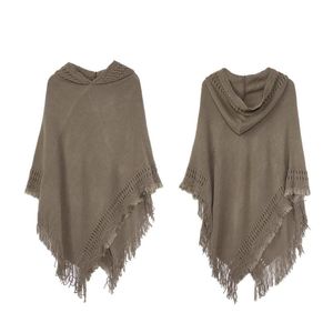 Hats Scarves Gloves Sets & Women Winter Warm Knitted Hooded Poncho Cape Solid Color Crochet Fringed Tassel Shawl Wrap Oversized Pullover Clo