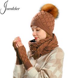 Hüte Schals Handschuhe Ganze Hutschal Glov Sets 3 Stücke Outdoor LUXURY FRAUEN Kaschmir Wollgestricke Winter Mütze