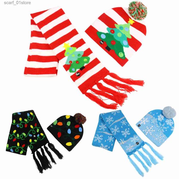 Ensembles chapeaux et écharpes 2 pièces chapeau de laine de noël éclairage Led ensemble écharpe automne hiver chaud tricot Wr gland foulards bonnet chapeau cadeaux de noël pour enfants L231113