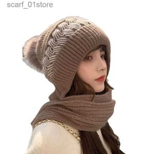 Hats Scarves Sets Autumn Winter Plush Hat and Scarf All in One Knitted Korean Warm Hat Scarf Thickened Hooded Ear Protection Outdoor HatL231113