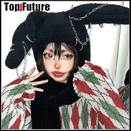 Ensembles de chapeaux et foulards japonais Harajuku Y2K pour filles, Long chapeau à oreilles de lapin gothique noir avec chaîne croisée en laine d'agneau, écharpe à capuche chaude pour l'hiver, chapeaux Streetwear 231006