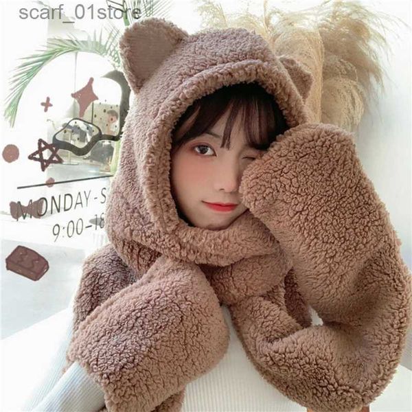 Chapeaux Écarts SetS Coréens Femmes moelleuses Plux chauds 3 en 1 Écharpe à capuche Gs Gs Set Migne Carton Cat Ears One-Piece Winter Windproof Earfl C PL231113