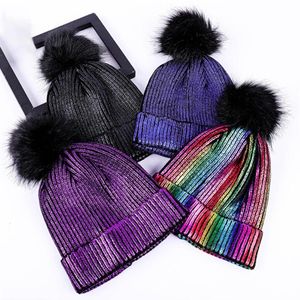 Hoeden sjaals sets metalen glanzende zachte haarbal vrouwen hoeden haak winddicht meisje pompom solide herfst winter schattige pet warm gebreide muts226s