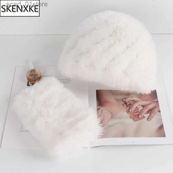 Chapeaux et écharpes Ensembles Nouvelles femmes hiver réel lapin fourrure chapeau écharpe 2 pièces naturel lapin fourrure C écharpes La tricoté chaud lapin fourrure chapeau ffler SetsL231113