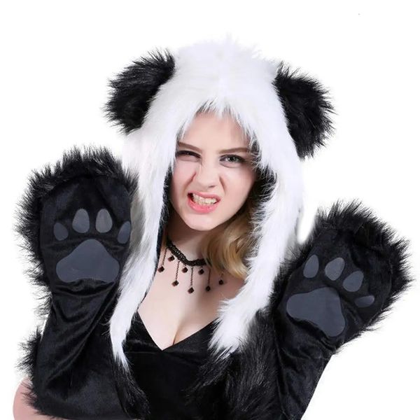 Chapeaux Foulards Ensembles Panda Hiver Nouveauté Fausse Fourrure Capuche Animal Chapeau Écharpe Gants 3 en 1 Polaire À Capuchon En Peluche Chaud Cache-oreilles Cap 231121