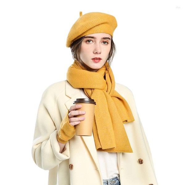 Ensembles de chapeaux et foulards, béret d'automne, couleur Pure, chapeau de peintre en laine, gants féminins, écharpe, ensemble trois pièces