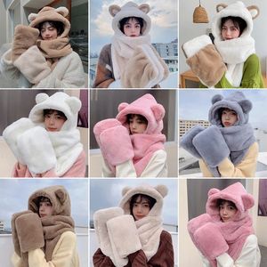 Hoeden Sjaals Sets Verdikte Beer Sjaal Hoed Handschoensets Dames Schattig Japans Kawaii Winter Pluche Alles-in-een Capuchon Warme Handschoenen 231121