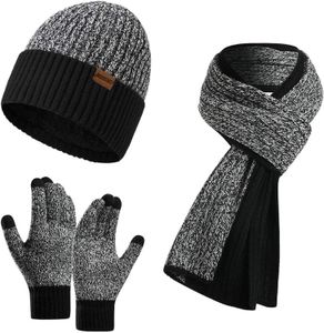 Ensembles de chapeaux, écharpes, écharpes et bonnets tricotés chauds pour hommes, ensemble de gants avec gants à écran tactile, gants d'hiver doublés de polaire épaisse, cache-cou, 231019