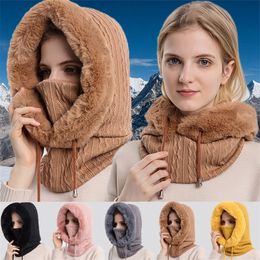 Hoeden sjaals sets vrouwen gebreide kasjmier bont masker masker set capuchoned voor winter warme Russia outdoor ski winddicht hoed dikke pluizige bonen 220922