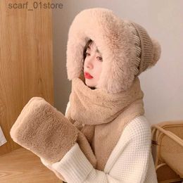 Cappelli Sciarpe Set Cappello Sciarpa da donna in un unico pezzo invernale in peluche femminile caldo più pile addensato bavaglino freddo protezione per le orecchie cappello da sci modaL231113