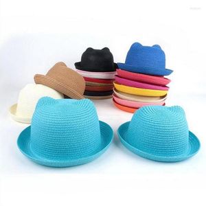 Sombreros de paja de la marca Seioum, decoración de orejas de bebé de verano, personaje encantador para niños, sombrero para el sol para niñas y niños, sombrero de sol sólido para niños, Panamá