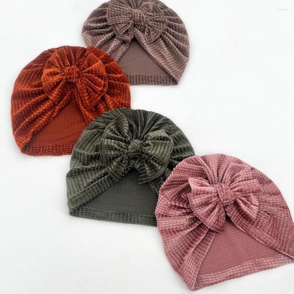 Chapeaux Solide Côtelé Velours Bébé Chapeau D'hiver Arc Topknot Né Bonnets Doux Tuban Bandeaux Garçons Filles Cheveux Accessoires