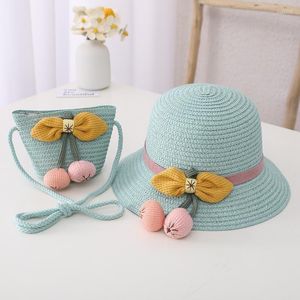 Sombreros de verano para bebé, lindo lazo de flores, sombrero transpirable, bolso de mano de paja, conjunto de bolsos, visera para niños y niñas, Anti-UV, Panamá, Gorras de playa