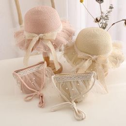 Sombreros de verano transpirables para niños, sombrero de playa, pajarita de perlas de encaje, gorro tejido de paja, protección UV, sol, niñas, bolsos de mano de Panamá