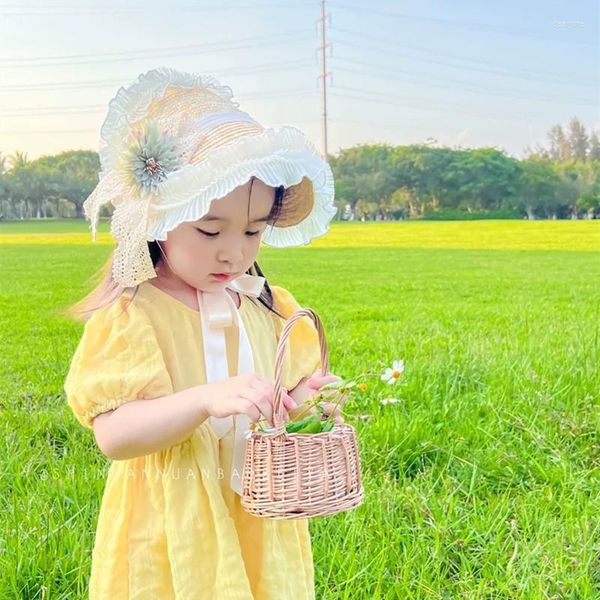 Chapeaux Sweet Lolita Kid Flat Top Straw Hat Pastoral Flowers Victorian Wedding Tea Party Child Girl Surprise Gift Holiday Beach Festival