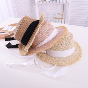 Chapeaux Toddler Girls Straw Sun Hat Wide Brim UV Protection Flat Top Cap With Bandage Beach For Kids