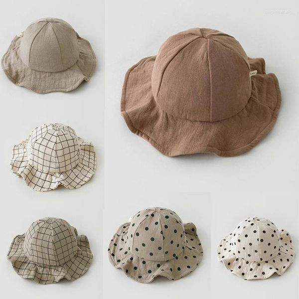 Sombreros Niño pequeño Bebé Floppy Bucket Hat Vintage Plaid Polka Dot Impreso Ondulado Ala ancha Exterior Protección solar Algodón Panama Fisher